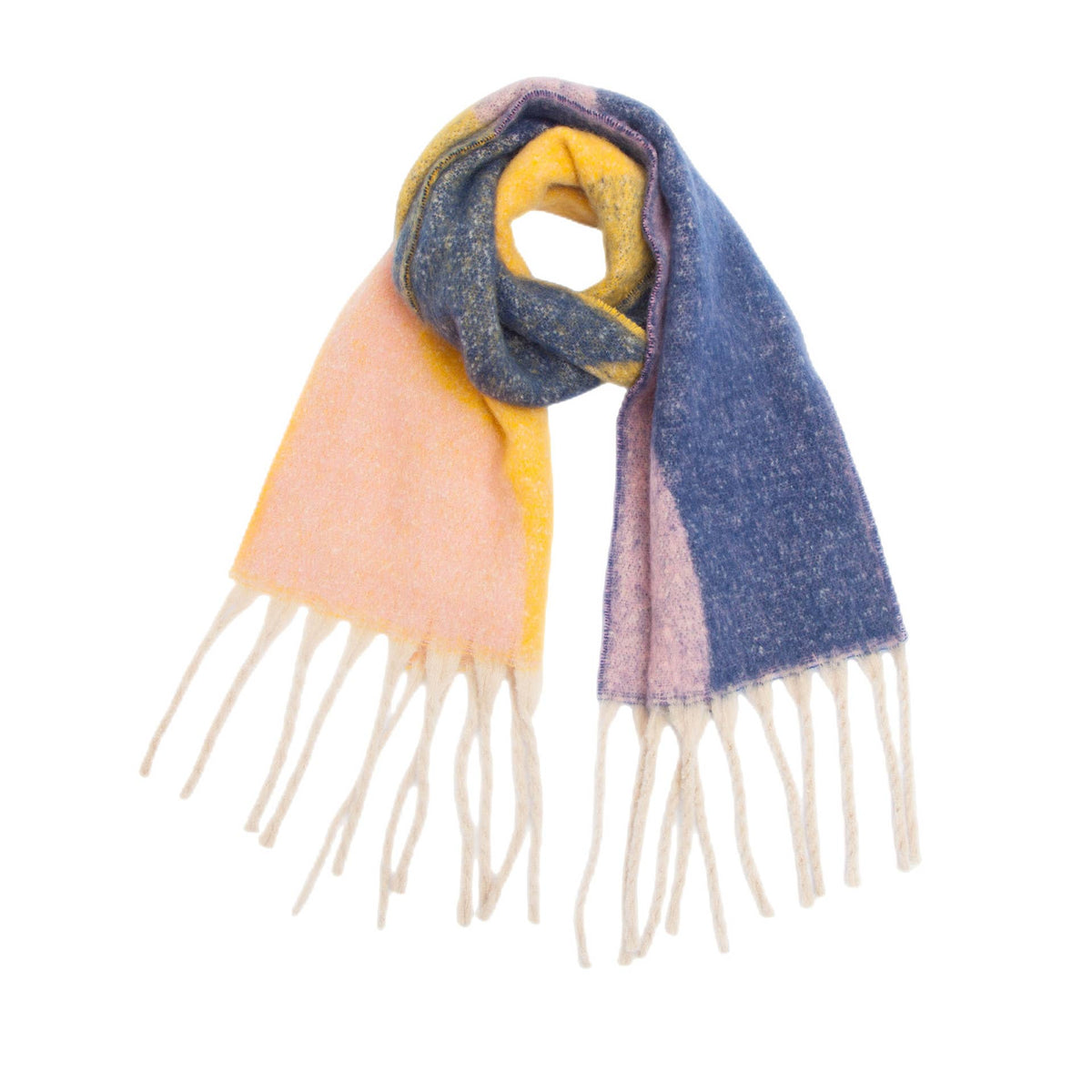 Blue, Yellow, and Peach Chunky Abstract Fleece Scarf With Tassels