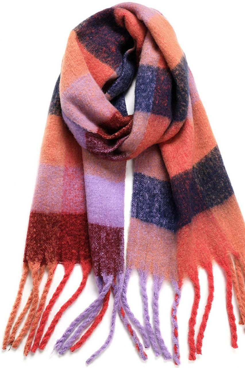 Pink and Blue Plaid Brushed Fleece Scarf with Tassels