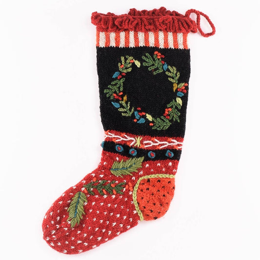 Wreath Hand-Knit Wool Christmas Stocking