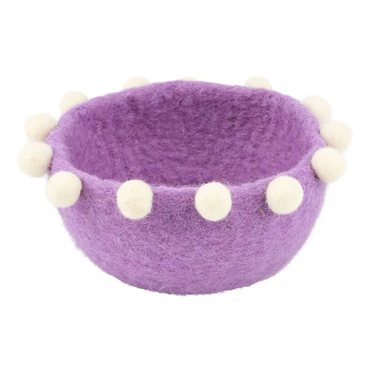 Purple Wool Felt Bowl with White Pom Pom Trim