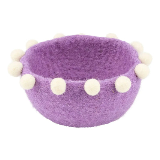 Purple Wool Felt Bowl with White Pom Pom Trim