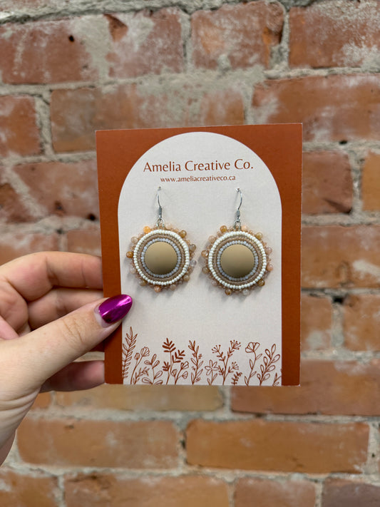 Flat Stitch Beige and Pink Beaded Earrings