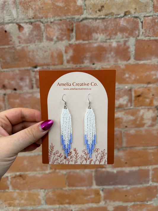 White and Purple Fringe Beaded Earrings