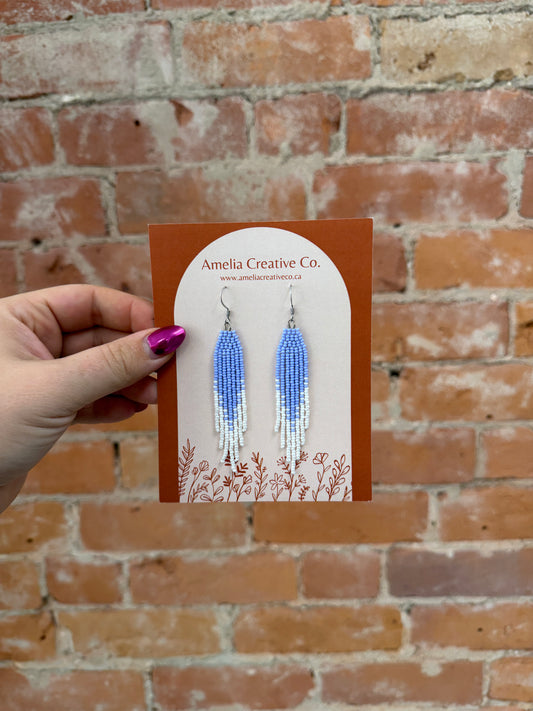 Purple and White Fringe Beaded Earrings