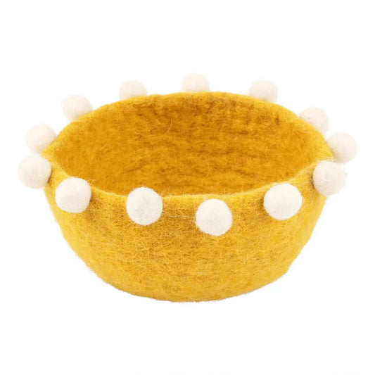 Yellow Wool Felt Bowl with White Pom Pom Trim