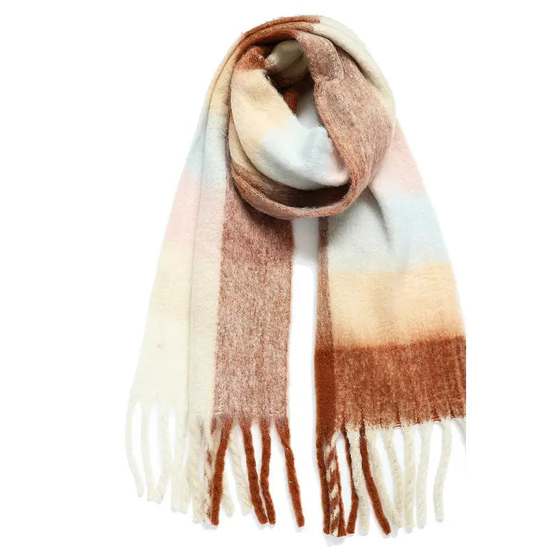 A soft, fuzzy striped scarf with fringe ends, draped in a loop on a white background. The color stripes include cream, light pink, light blue, dusty rose, and terracotta brown.